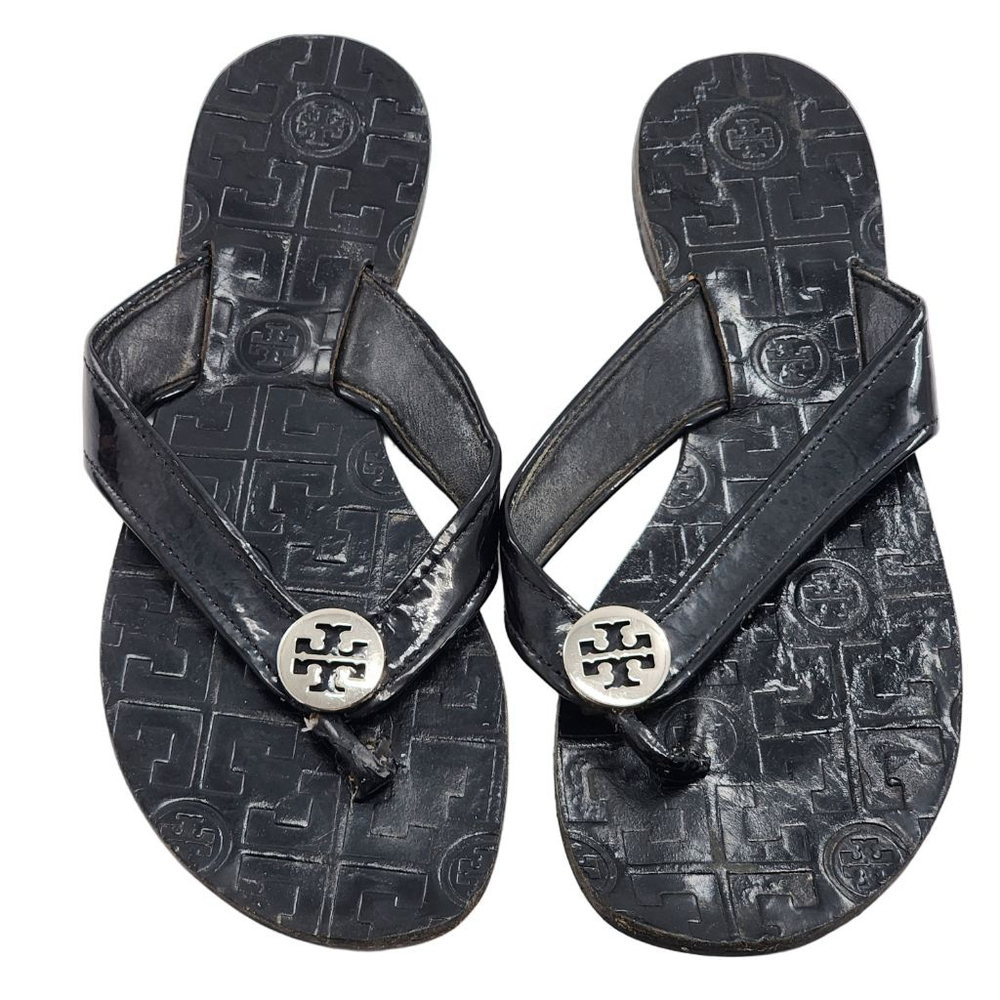 TORY BURCH Thora Patent Leather Thong Sandals DAMAGED Black Sandals 6